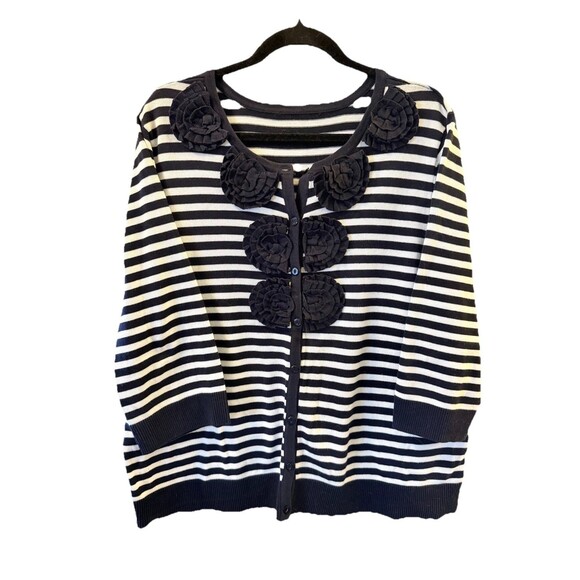 Christopher Banks Flower Embellished Cardigan Knit Navy White Striped Sweater XL - Picture 2 of 8